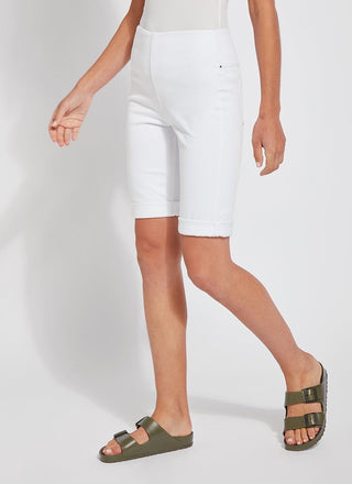 color=White, front angle, women's denim jean short, smoothing comfort waistband, body hugging in hips and looser across thigh