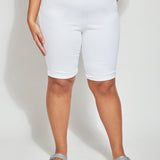 color=White, front view, biker-length women's denim short, comfort waistband, flattering plus size cut