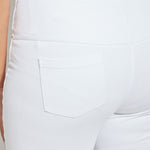 color=White, back waist detail, biker-length women's denim short, comfort waistband, flattering plus size cut