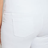 color=White, back waist detail, biker-length women's denim short, comfort waistband, flattering plus size cut