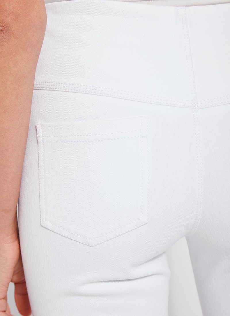 color=White, back detail, women's denim jean short, smoothing comfort waistband, body hugging in hips and looser across thigh