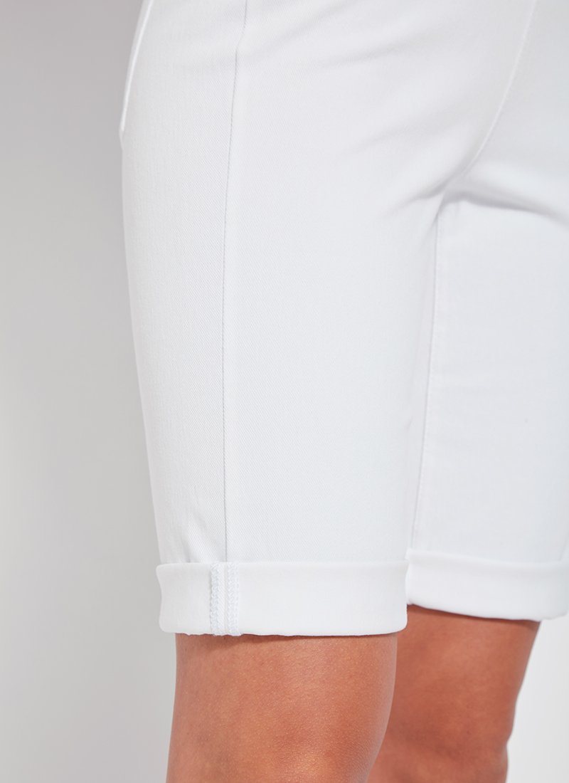 color=White, hem detail, women's denim jean short, smoothing comfort waistband, body hugging in hips and looser across thigh