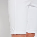 color=White, hem detail, women's denim jean short, smoothing comfort waistband, body hugging in hips and looser across thigh