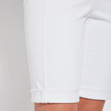 color=White, hem detail, women's denim jean short, smoothing comfort waistband, body hugging in hips and looser across thigh