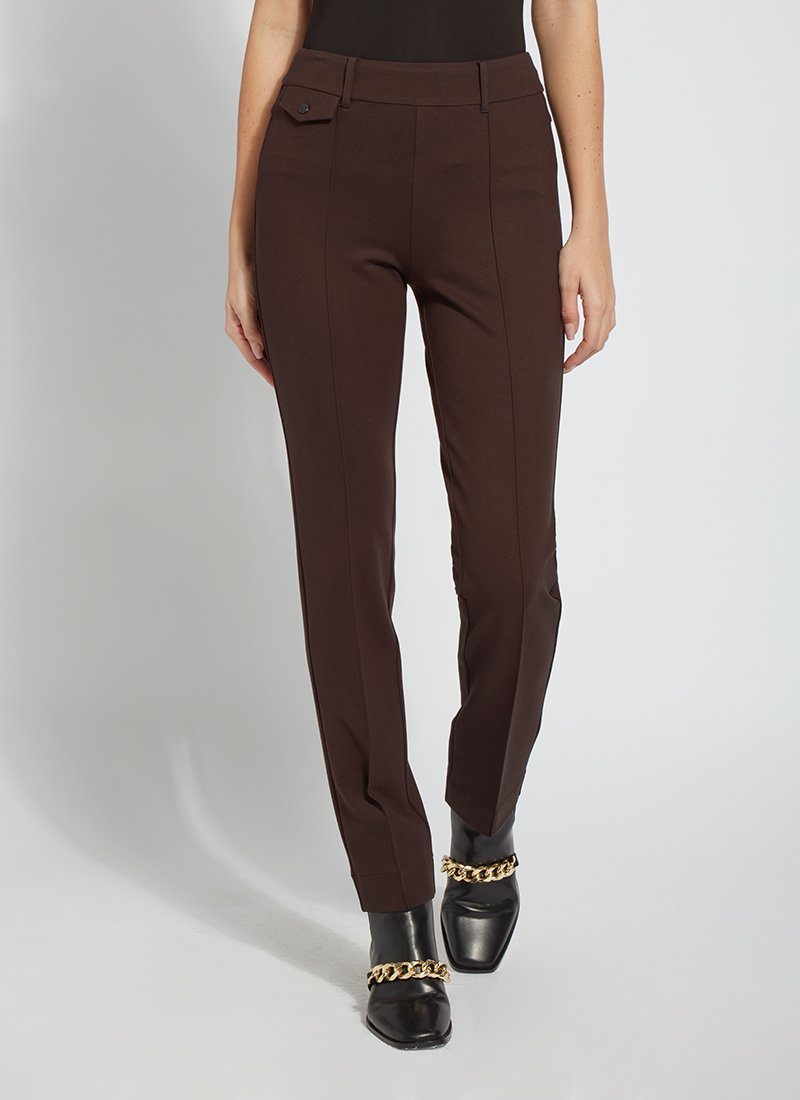 color=Double Espresso, front view, long, lean and tall cut ponte trouser with relaxed straight fit and slimming waist