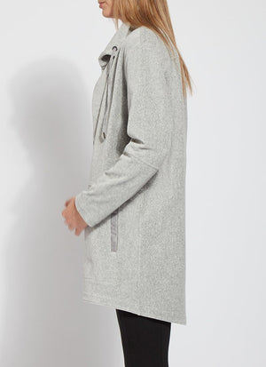 color=Grey Melange, side angle, baby corduroy jacket, oversized with funnel neck, pockets, and vegan leather trim