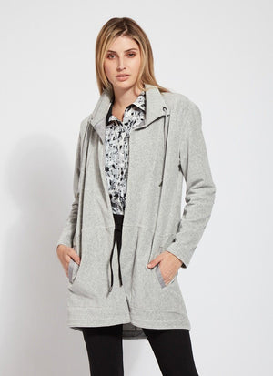 color=Grey Melange, front view, baby corduroy jacket, oversized with funnel neck, pockets, and vegan leather trim
