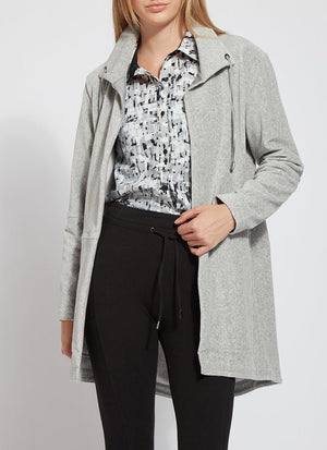 color=Grey Melange, front view, baby corduroy jacket, oversized with funnel neck, pockets, and vegan leather trim