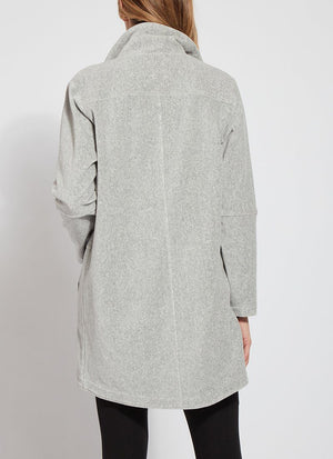 color=Grey Melange, rear view, seam details, baby corduroy jacket, oversized with funnel neck, pockets, and vegan leather trim