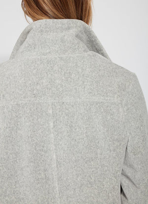 color=Grey Melange, rear neckline detail, baby corduroy jacket, oversized with funnel neck, pockets, and vegan leather trim