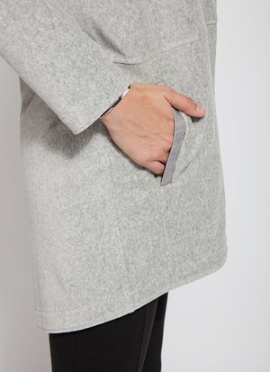 color=Grey Melange, side pocket detail, baby corduroy jacket, oversized with funnel neck, pockets, and vegan leather trim