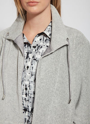 color=Grey Melange, front neckline detail, baby corduroy jacket, oversized with funnel neck, pockets, and vegan leather trim