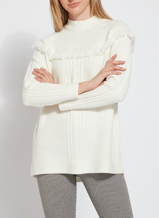 color=Snow White, cable knit sweater with rounded yoke and fringe, funnel neck