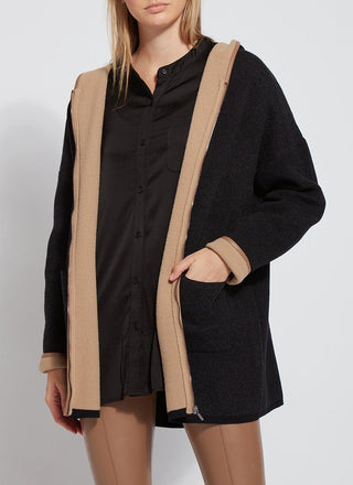color=Black, front view, hooded knit cardigan with vegan faux leather trim, oversized 