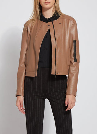 color=Toffee, front view, cropped bomber jacket with phone pocket, and stretchy mesh lining 