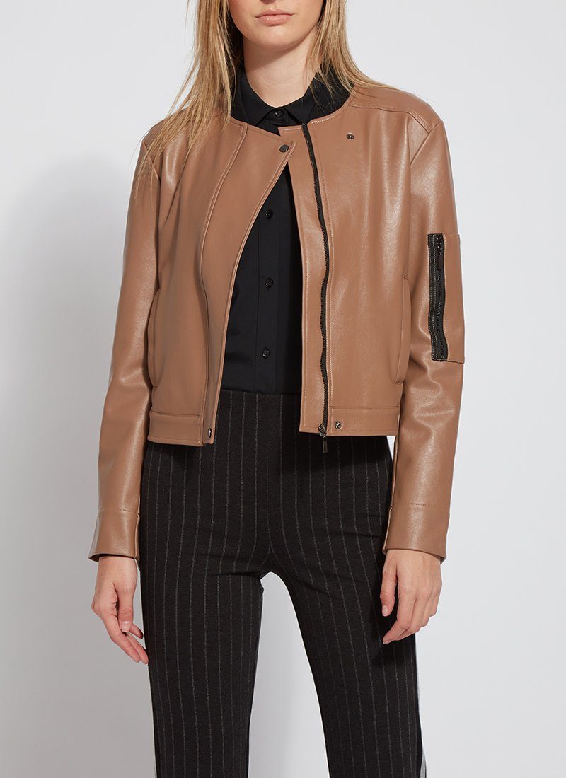 color=Toffee, front view, cropped bomber jacket with phone pocket, and stretchy mesh lining 
