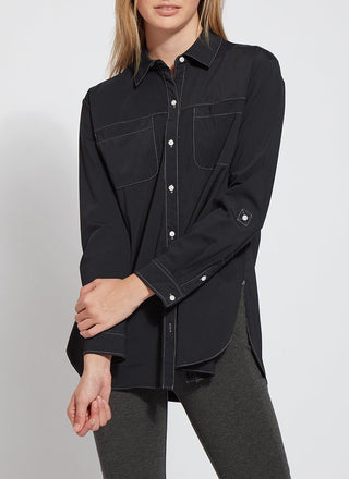 color=Black, front view, stretch microfiber women's button up shirt with patch pockets and roll-tab sleeves