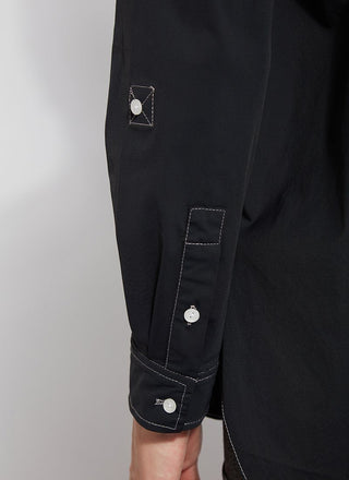 color=Black, sleeve detail, stretch microfiber women's button up shirt with patch pockets and roll-tab sleeves
