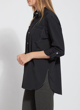 color=Black, side view, stretch microfiber women's button up shirt with patch pockets and roll-tab sleeves