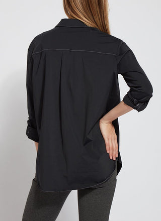 color=Black, back, stretch microfiber women's button up shirt with patch pockets and roll-tab sleeves