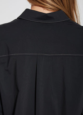 color=Black, back neckline detail, stretch microfiber women's button up shirt with patch pockets and roll-tab sleeves