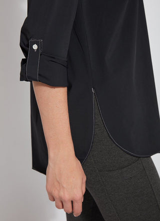 color=Black, hem and sleeve detail, stretch microfiber women's button up shirt with patch pockets and roll-tab sleeves