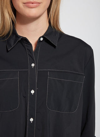 color=Black, front neckline detail, stretch microfiber women's button up shirt with patch pockets and roll-tab sleeves