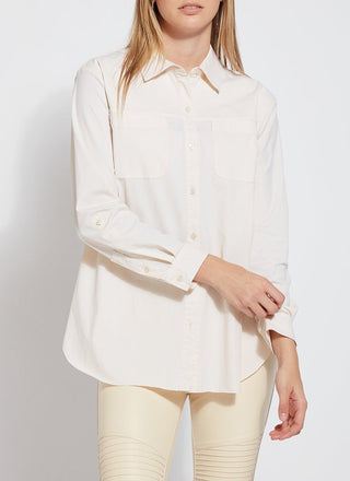 color=Eggnog, front, stretch microfiber women's button up shirt with patch pockets and roll-tab sleeves