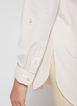 color=Eggnog, hem and sleeve detail, stretch microfiber women's button up shirt with patch pockets and roll-tab sleeves