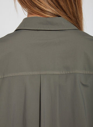 color=Spruce, back neckline detail, stretch microfiber women's button up shirt with patch pockets and roll-tab sleeves