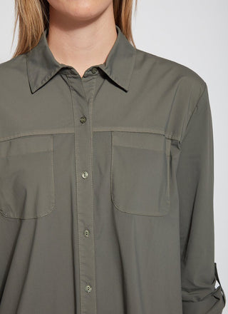 color=Spruce, front neckline detail, stretch microfiber women's button up shirt with patch pockets and roll-tab sleeves