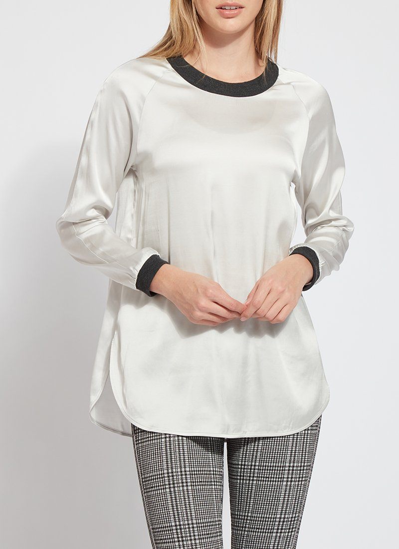 color=Pearl Grey, front view EcoVero eco-friendly fabric, legging-friendly, raglan sleeves, easy care