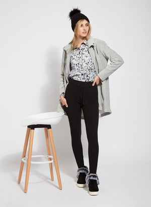 color=Grey Melange, styled front view featuring baby corduroy jacket, oversized with funnel neck, pockets, and vegan leather trim