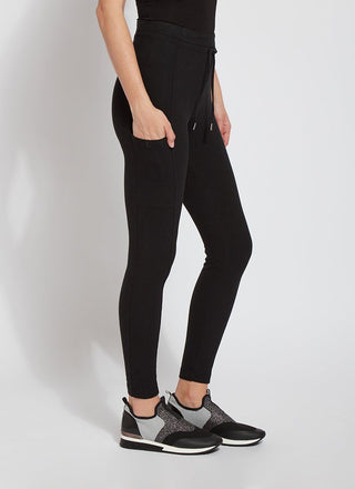 color=Black, side view, legging jogger hybrid with cotton spandex and comfortable slimming waistband 