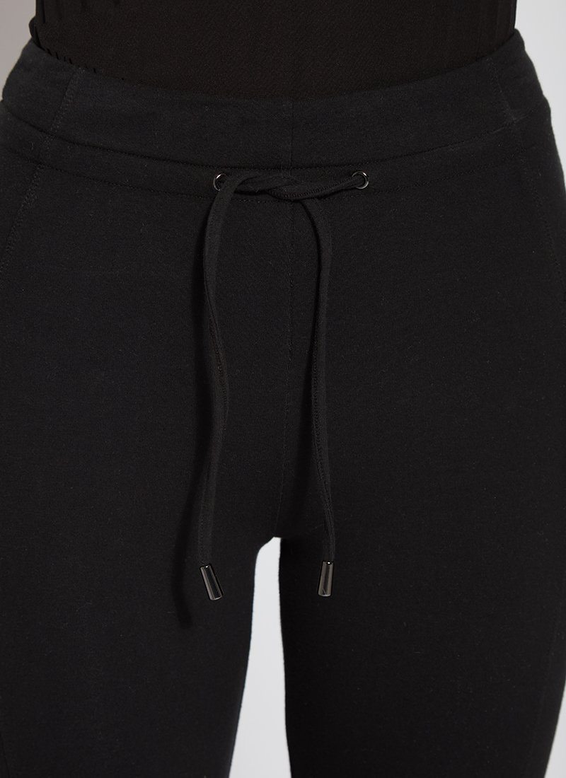 color=Black, front waistband detail, legging jogger hybrid with cotton spandex and comfortable slimming waistband 