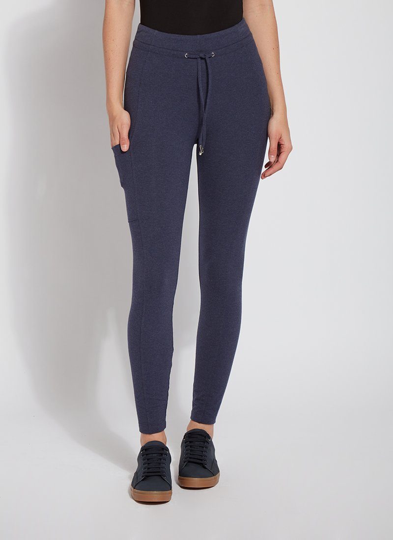 color=Eclipse Melange, front view, blue legging jogger hybrid with cotton spandex and comfortable slimming waistband 