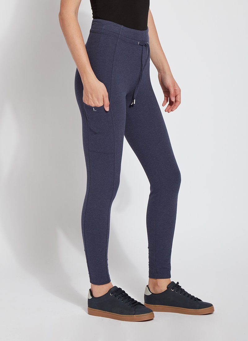color=Eclipse Melange, side view, blue legging jogger hybrid with cotton spandex and comfortable slimming waistband 