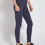 color=Eclipse Melange, side view, blue legging jogger hybrid with cotton spandex and comfortable slimming waistband 