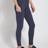color=Eclipse Melange, side view, blue legging jogger hybrid with cotton spandex and comfortable slimming waistband 