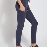 color=Eclipse Melange, side view, blue legging jogger hybrid with cotton spandex and comfortable slimming waistband 
