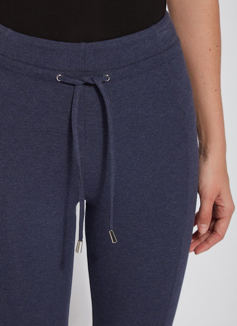 color=Eclipse Melange, front detail, blue legging jogger hybrid with cotton spandex and comfortable slimming waistband 