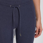 color=Eclipse Melange, front detail, blue legging jogger hybrid with cotton spandex and comfortable slimming waistband 