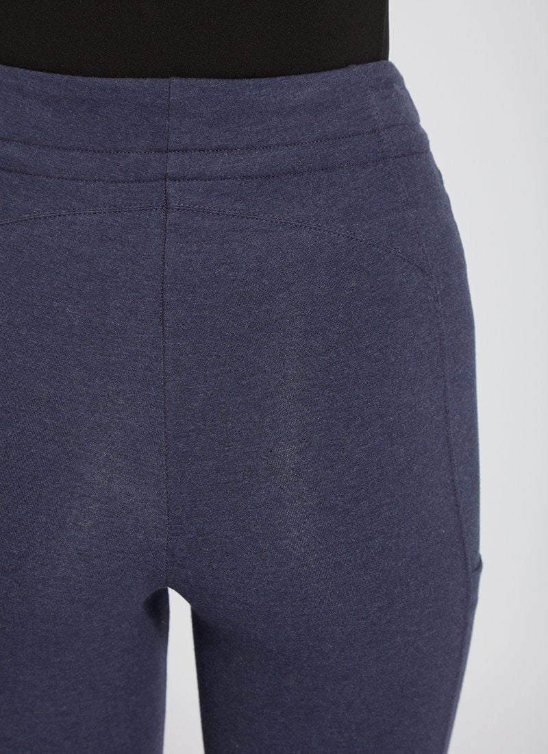 color=Eclipse Melange, rear detail, blue legging jogger hybrid with cotton spandex and comfortable slimming waistband 
