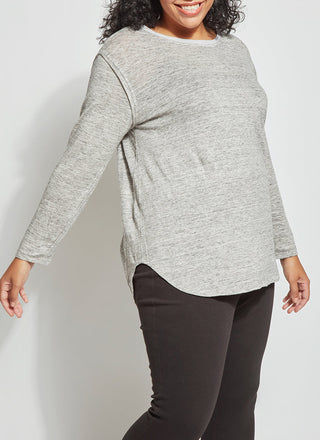 color=Heather Grey, front view, gray plus size women's linen shirt with silky Georgette details, pairs well with leggings and denim 