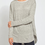 color=Heather Grey, front view, women's long sleeve tee, linen jersey for lightweight breathability, pairs well with leggings or skinny jeans