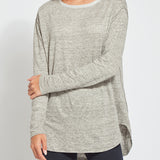 color=Heather Grey, front view, women's long sleeve tee, linen jersey for lightweight breathability, pairs well with leggings or skinny jeans