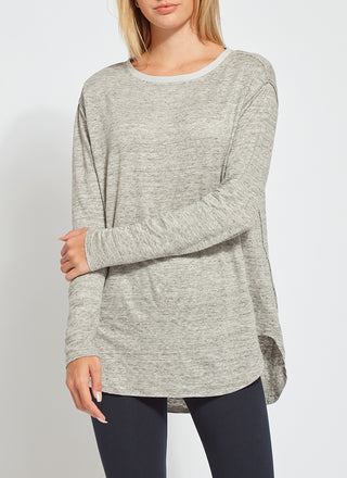 color=Heather Grey, front view, women's long sleeve tee, linen jersey for lightweight breathability, pairs well with leggings or skinny jeans
