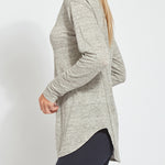 color=Heather Grey, side view, women's long sleeve tee, linen jersey for lightweight breathability, pairs well with leggings or skinny jeans