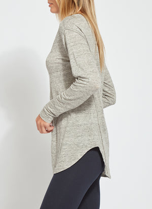 color=Heather Grey, side view, women's long sleeve tee, linen jersey for lightweight breathability, pairs well with leggings or skinny jeans