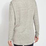 color=Heather Grey, back view, women's long sleeve tee, linen jersey for lightweight breathability, pairs well with leggings or skinny jeans